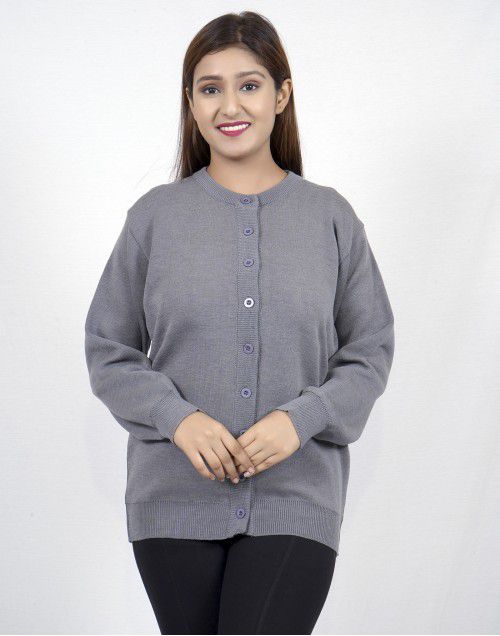 Womens Pure wool heavy Sweater Full Button Grey